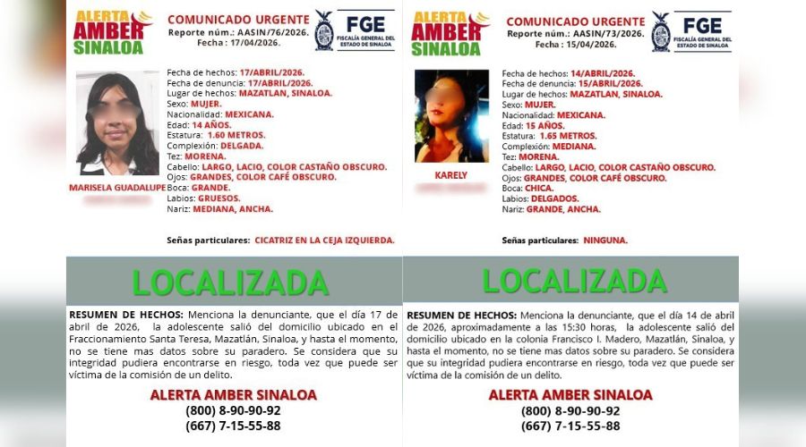 Fichas de búsqueda de dos menores de edad que ya fueron localizadas