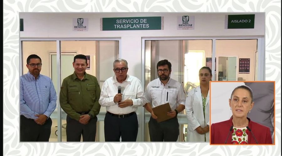 Enlace en la Mañanera, el gobernador de Sinaloa, Ruben Rocha Moya junto a otras personas y en un recuadro la presidente de México, Claudia Sheiinbaum