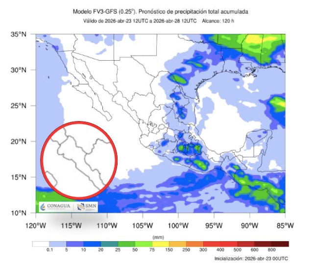 Imagen satelital de México que representa lluvias con colores verdes y azules que indica pronóstico de precipitaciones