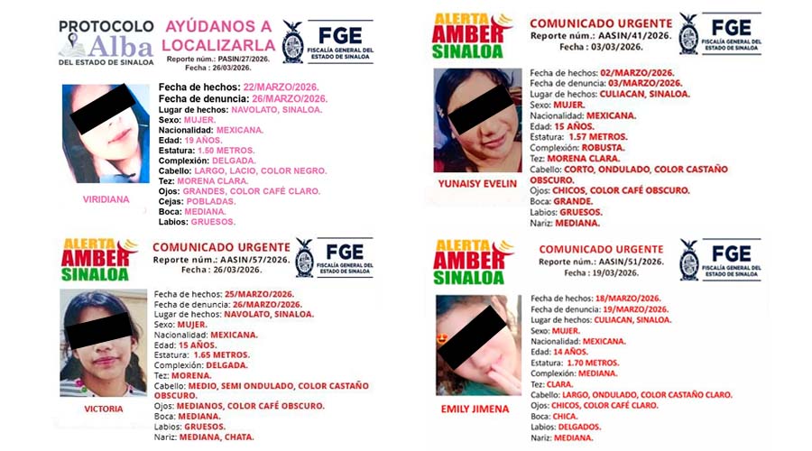 Fichas de búsqueda de cuatro mujeres en Sinaloa, quienes han sido localizadas con vida