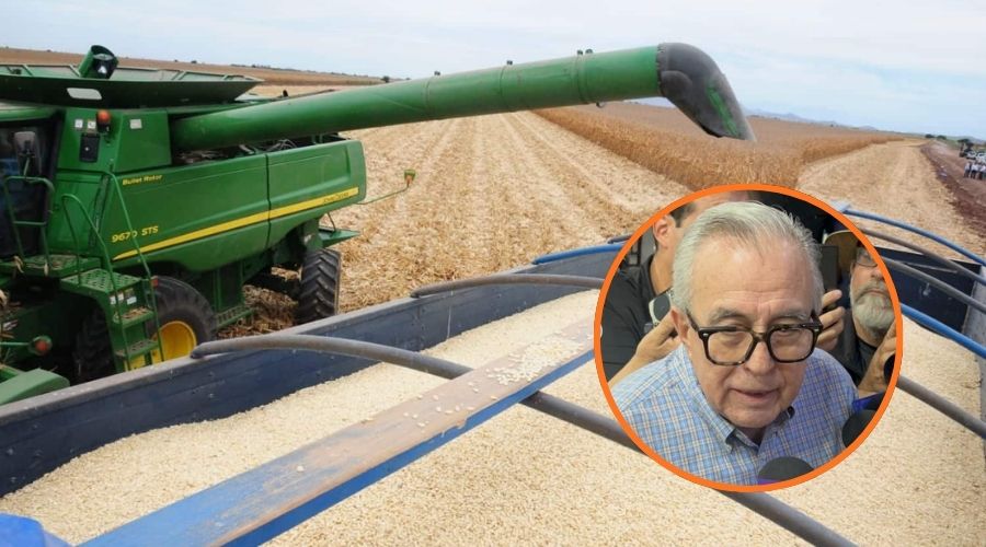 Maíz junto a máquina pesada y en un circulo con el gobernador de Sinaloa