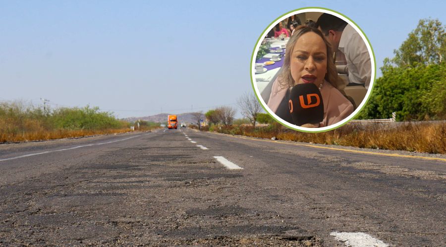 foto de carretera dañada con imagen de Dulce Ruíz Castro en círculo