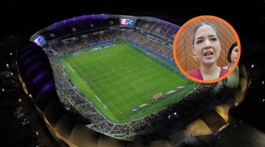 Estadio de futbol El Encanto junto a un circulo con Estrella Palacios