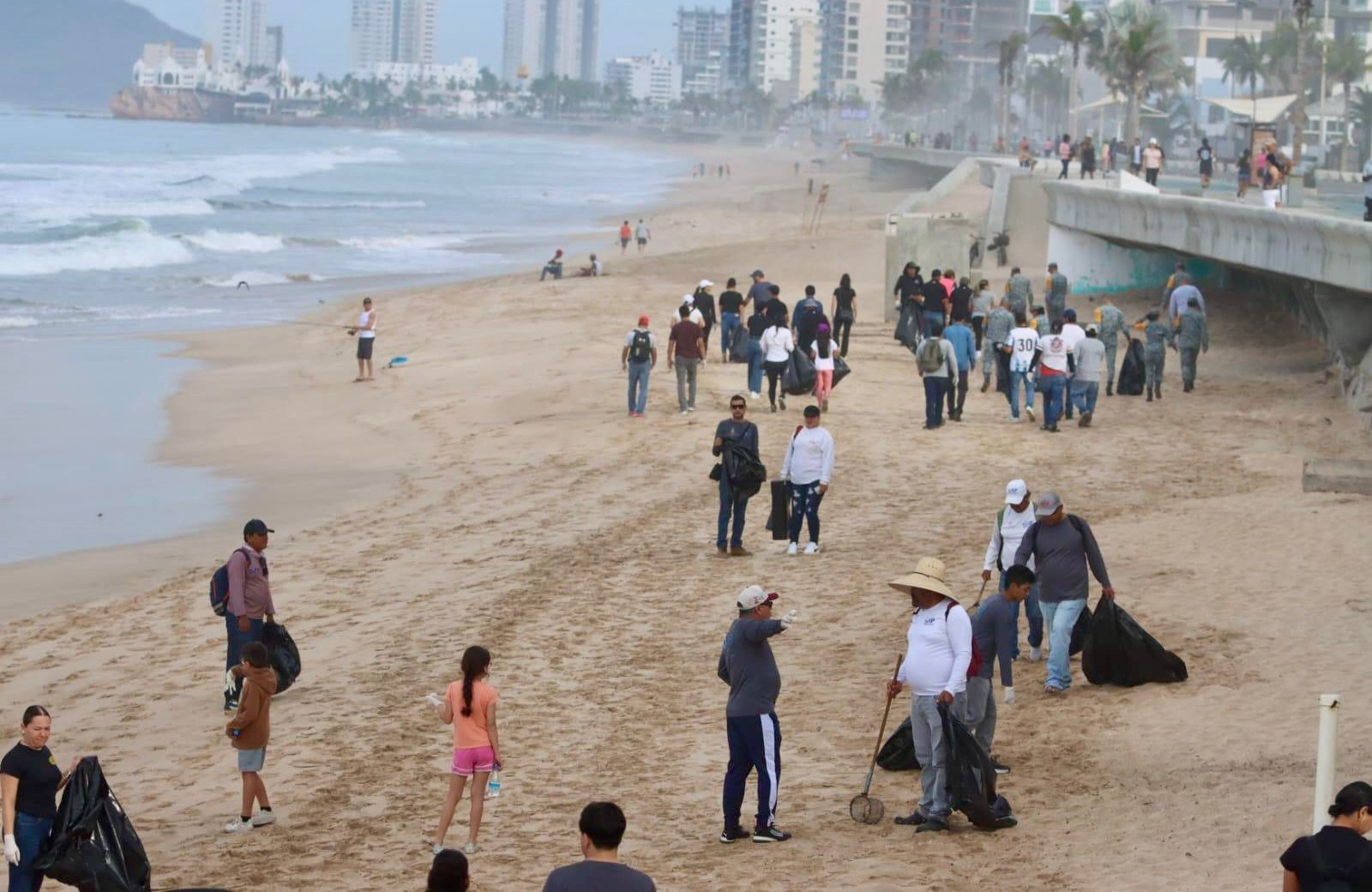 Personas realizando limpieza en una playa junto al mar, al fondo se observan edificios