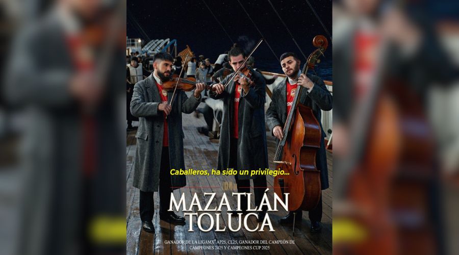 Tres jugadores de futbol colocados como violinistas en un poster