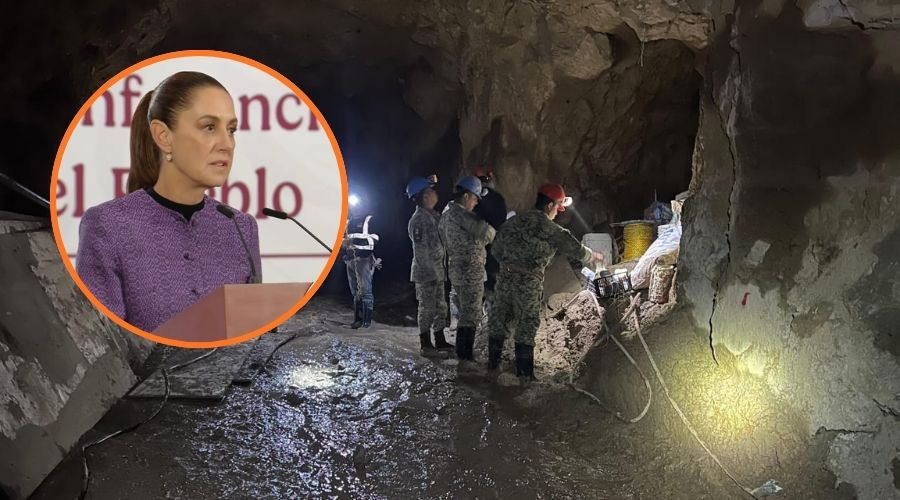 Personas con equipamento en el interior de una mina y en un círculo la presidenta de México, Claudia Sheinbaum