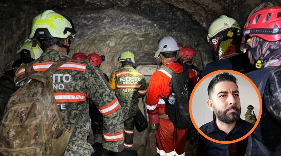 Mineros en una mina con seguridad y el vicefiscal de la zona norte en un circulo