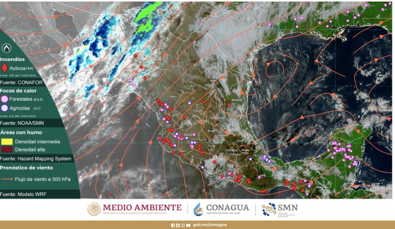 Mapa de México indicando las xonas con incendios forestales