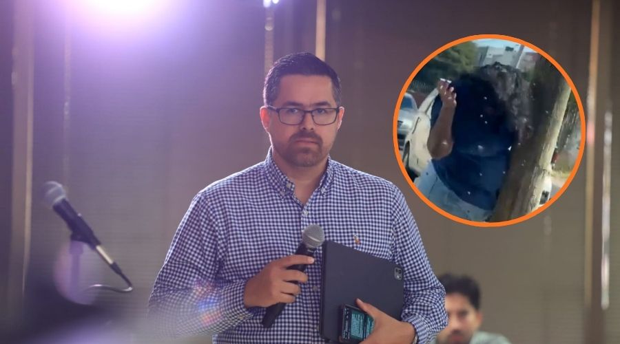 El secretario de salud, Cuitlahuac y en un círculo una mujer que fue atacada por abejas