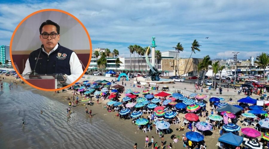 Personas en la costa de una playa de MAzatlán y ne un círculo Roy Navarrete