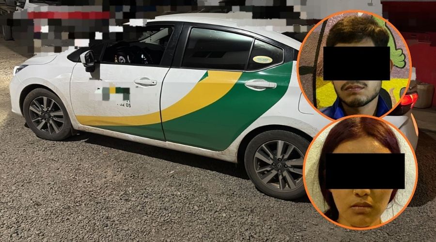 En grande unidad de taxi y en circulos rostros de personas con los ojos tapados