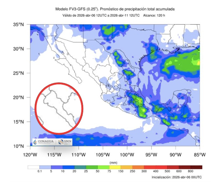 Imagen satelital de México que representa lluvias con colores verdes y azules que indica pronóstico bajo de precipitaciones