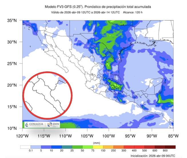 Imagen satelital de México que representa lluvias con colores verdes y azules que indica pronóstico de precipitaciones