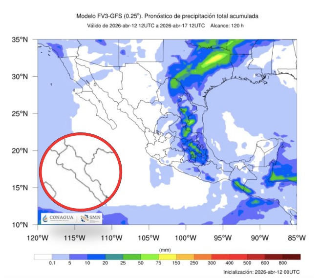 Imagen satelital de México que representa lluvias con colores verdes y azules que indica pronóstico bajo de precipitaciones