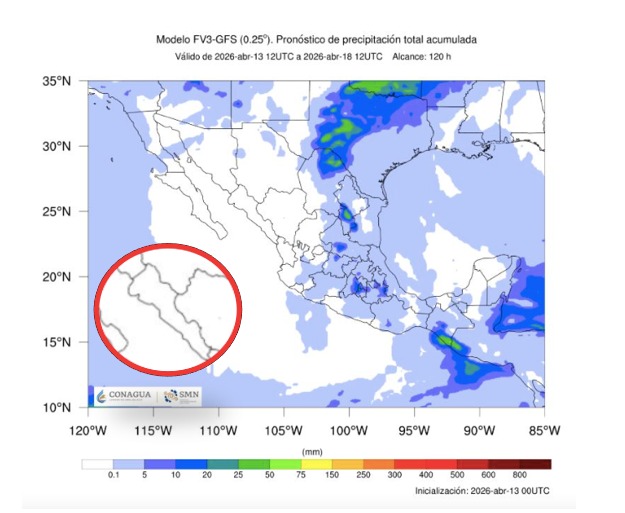 Imagen satelital de México que representa lluvias con colores verdes y azules que indica pronóstico bajo de precipitaciones