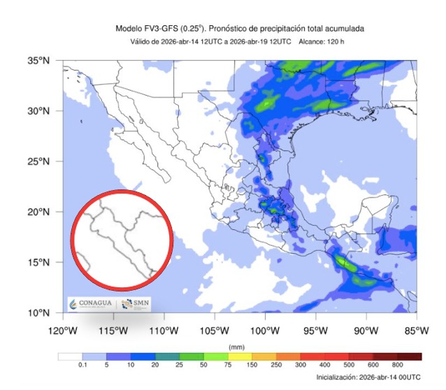 Imagen satelital de México que representa lluvias con colores verdes y azules que indica pronóstico bajo de precipitaciones