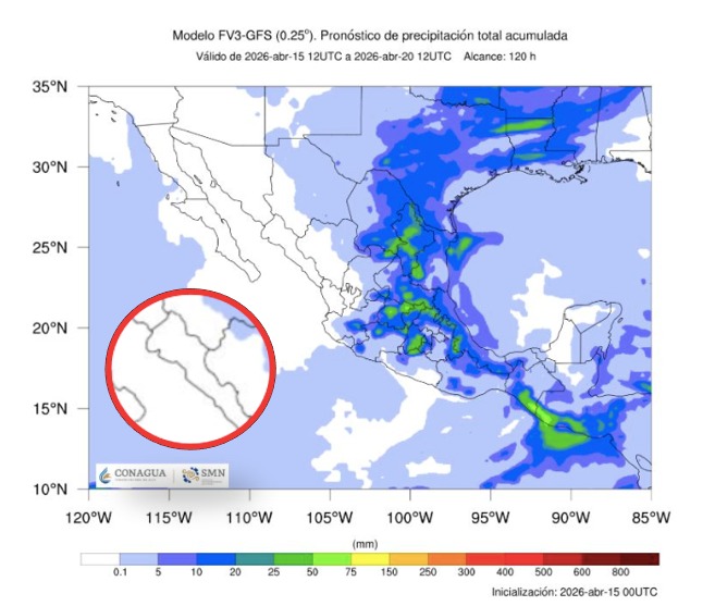Imagen satelital de México que representa lluvias con colores verdes y azules que indica pronóstico bajo de precipitaciones