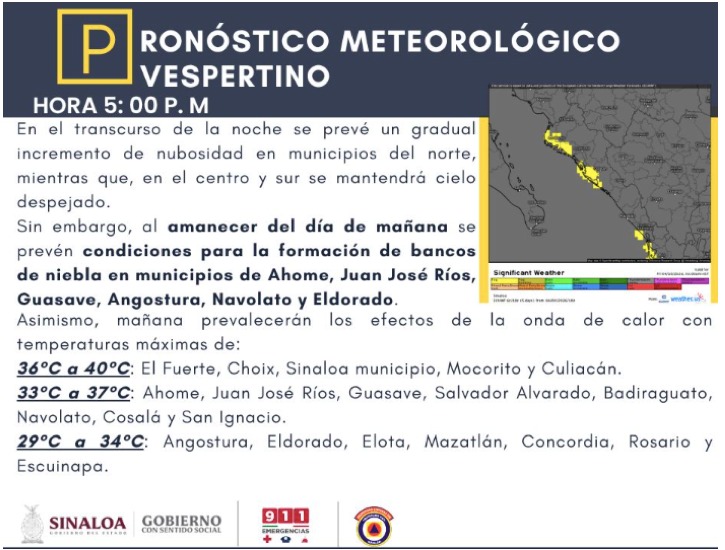 Imagen con información del pronóstico del clima en Sinaloa