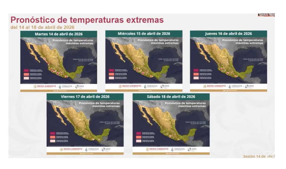 Mapas de México con diferentes colores indicando el pronóstico de temperaturas máximas