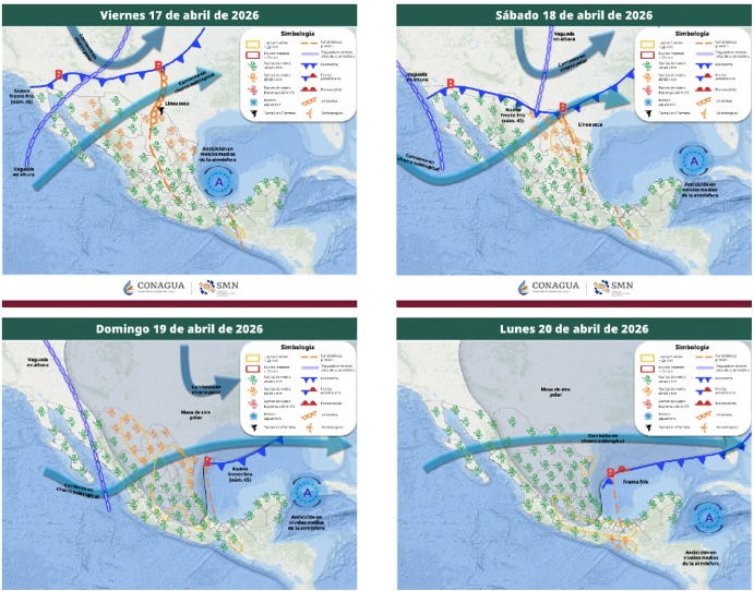 Mapas de México con flechas, líneas e íconos de viento indicando la probabilidad de tormentas en el país