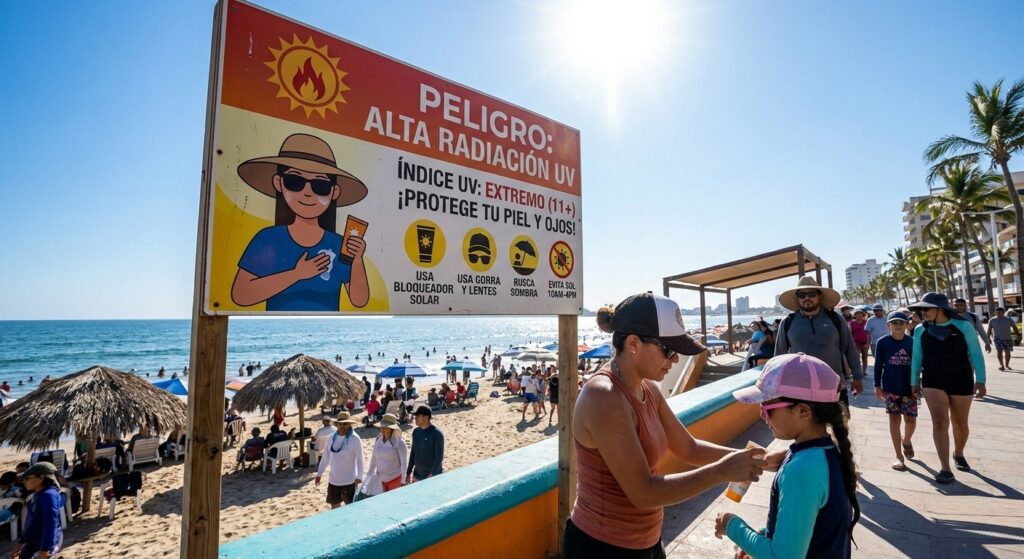 PErsonas en una playa y al frente una mujer aplicando protector solar a una niña junto a un letrero de radiación solar