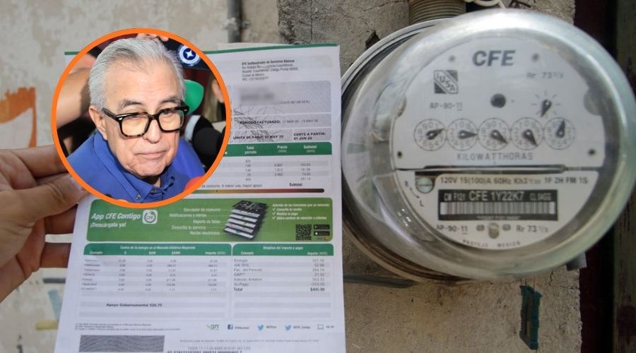 Medidor de la luz junto a recibo de la CFE y en un circulo Rubén Rocha Moya