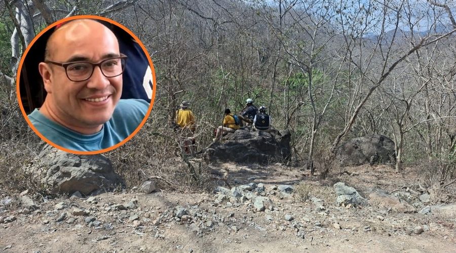 Personas en una zona donde hay matorrales y camino de terracería, en un círculo una persona con lentes y sonriendo