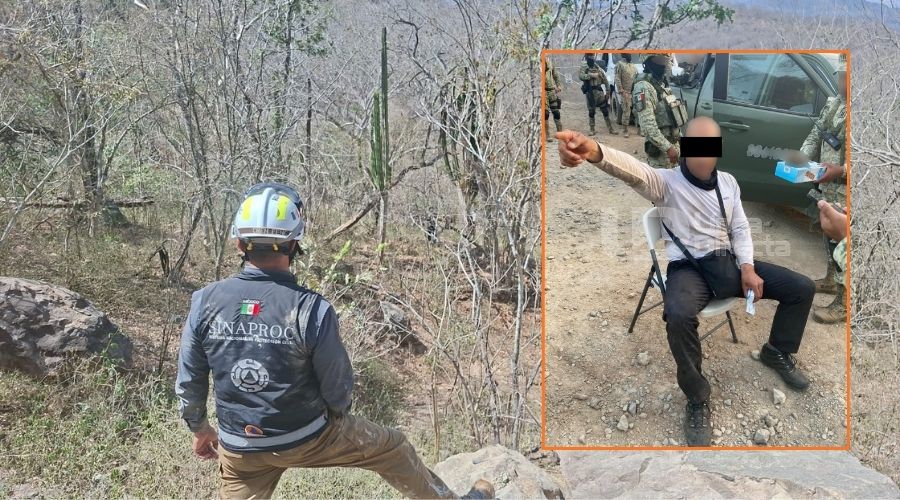 Personal de rescate en una zona de cerro y en un recuadro una foto de una persona con el rostro cubierto