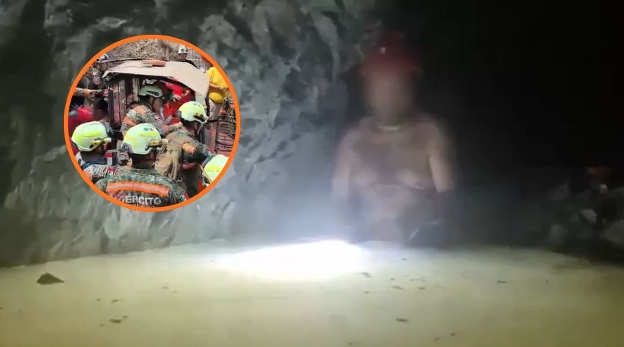 Minero sobre una cueva con agua y un circulo con elementos de protección civil