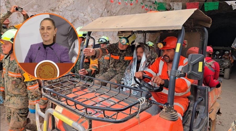 En grande elementos de rapoyo a bordo de una unidad de transporte junto a minero rescatado y en circulo Claudia Sheinbaum