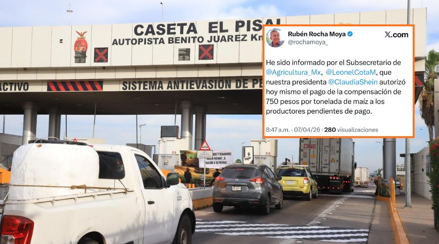 En grande caseta bloqueada donde se ven a varios vehículos y en recuadro tweet de Rocha Moya