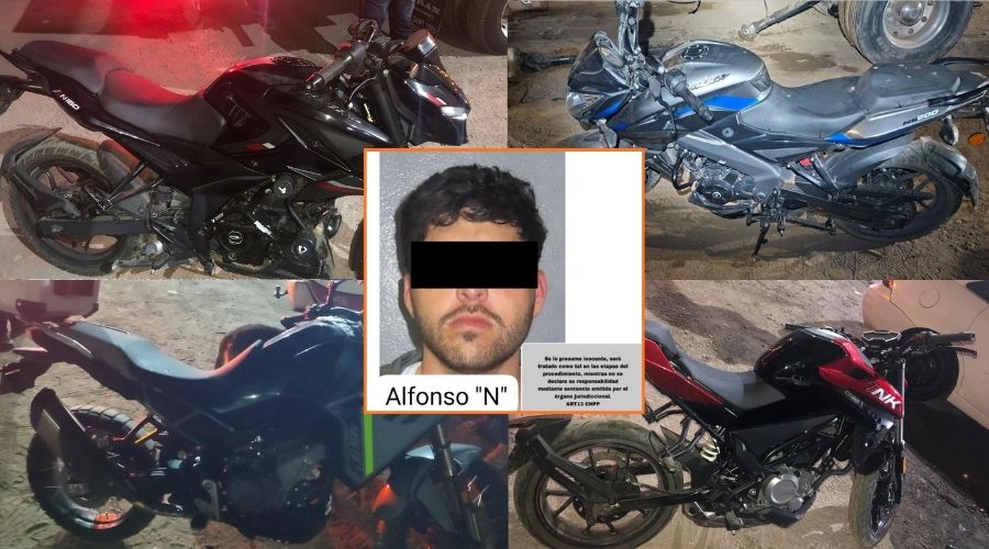 Cuatro tipos de motocicletas y en el centro una persona detenida con una barra color negra en la cara