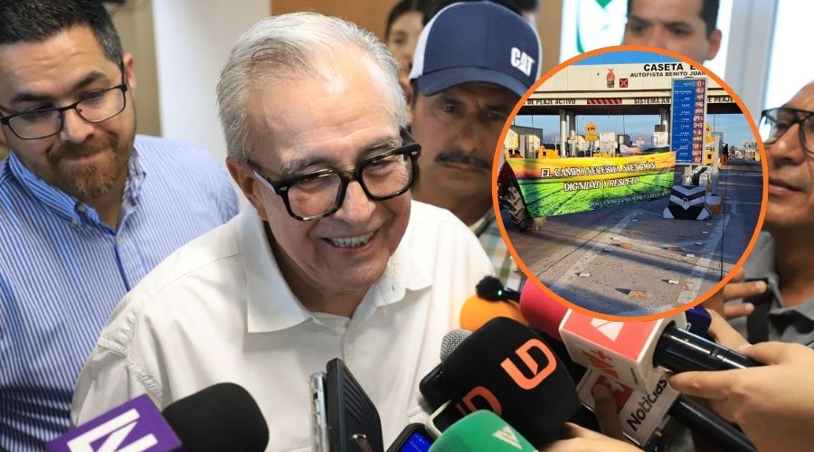 El gobernador de Sinaloa, Rubén Rocha Moya y en un círculo la caseta de peaje El Pisal