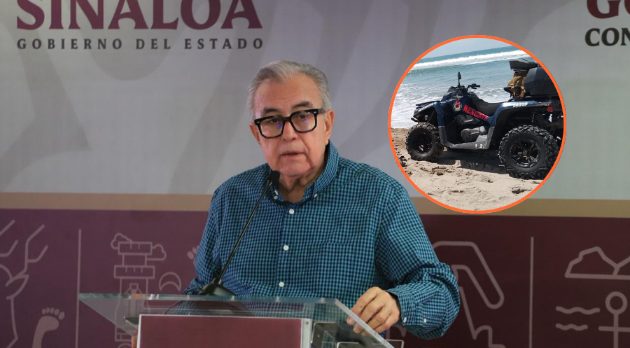 Rubén Rocha Moya y una cuatrimoto de rescate en un círculo