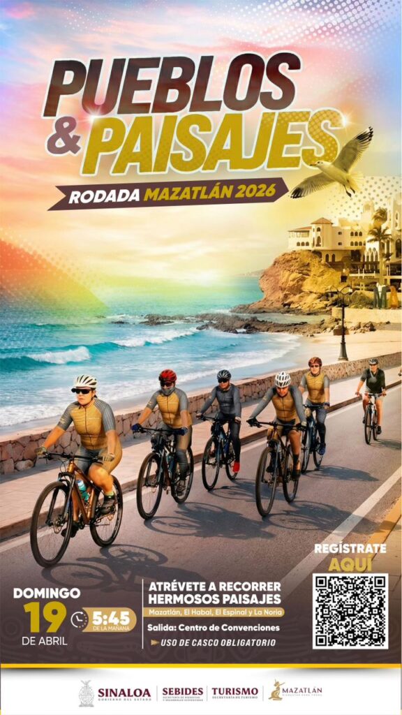 Flyer con unos ciclistas sobre el malecón y las olas del mar