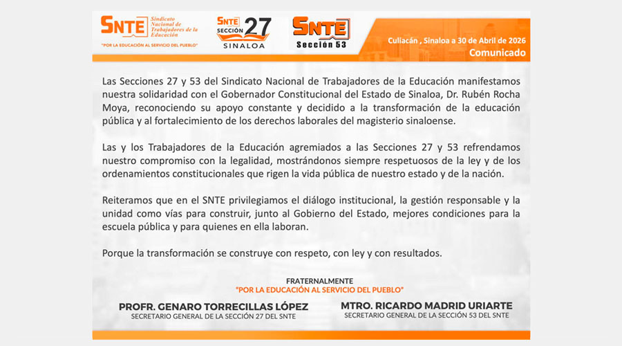 Mensaje de apoyo de SNTE hacia Rubén Rocha Moya