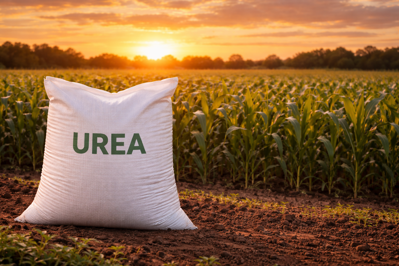 Costal de urea en campo de maíz al atardecer, imagen representativa del uso de fertilizantes en la agricultura.