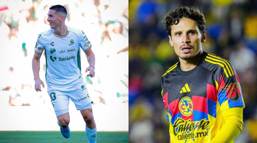 A la izquierda un jugador de futbol vestido de blanco volteando hacía un costado y a la derecha un jugador vestido de amarillo con la mirada hacía el frente