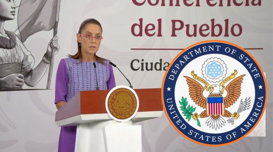 La presidenta de México, Claudia Sheinbaum y en un círculo el logo del departamento de Estado de EU