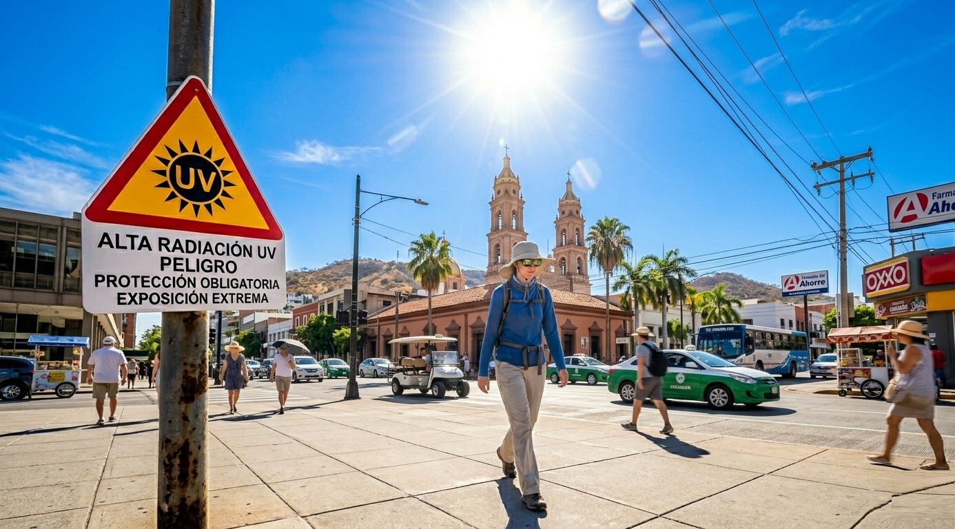 Personas caminando bajo un sol fuerte entre un cielo azul despejado
