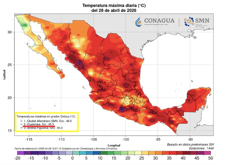 Mapa de México con colores rojo, naranja, amarillo y verde, indicando las másximas temperaturas del 28 al 29 de abril de 2026
