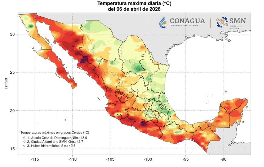 Mapa de México con los colores rojo, amarillo y verde indicando las temperaturas máximas en el país