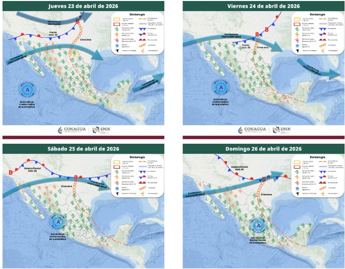 Mapas de México con flechas, líneas e íconos de viento indicando la probabilidad de tormentas en el país