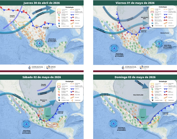 Mapas de México con flechas, líneas e íconos de viento indicando la probabilidad de tormentas en el país