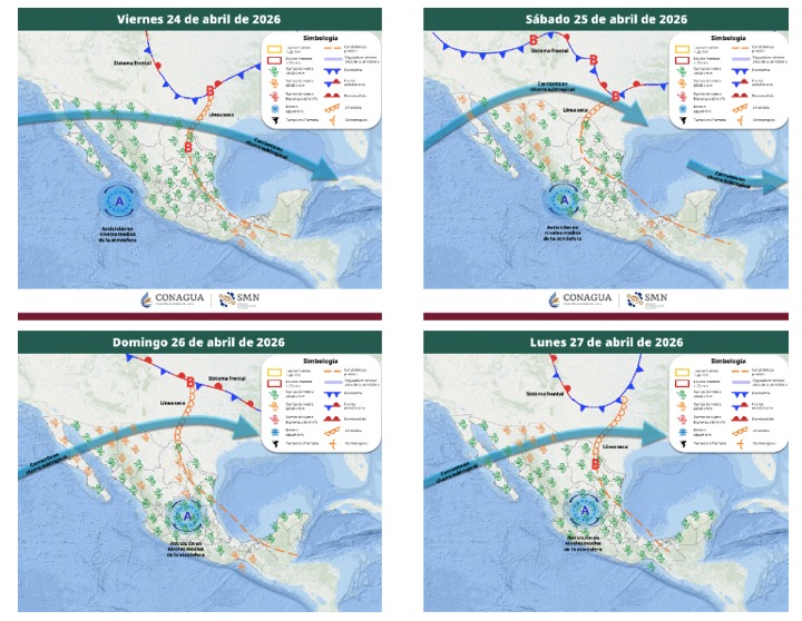 Mapas de México con flechas, líneas e íconos de viento indicando la probabilidad de tormentas en el país