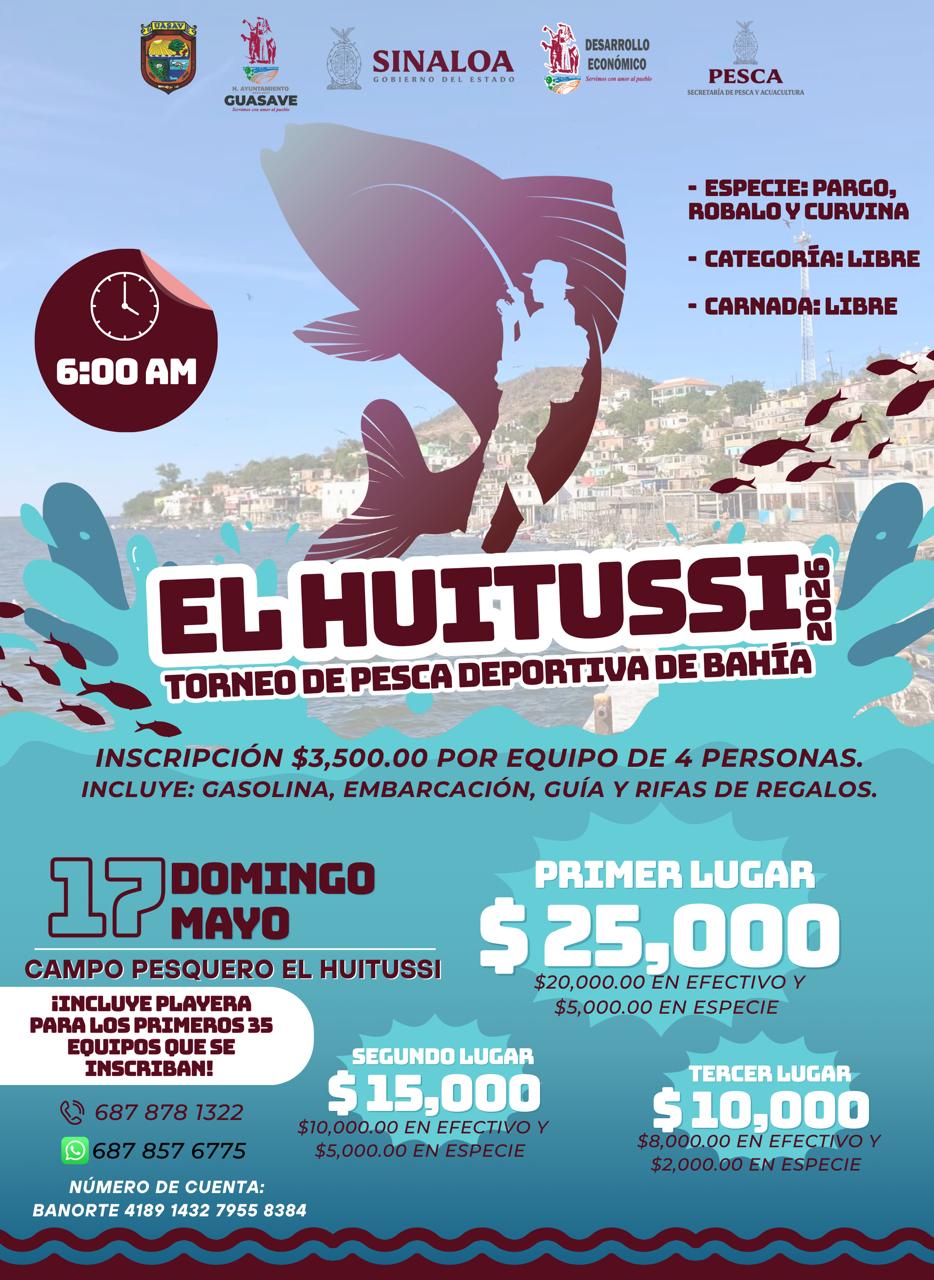 Poster del Torneo de Pesca Deportiva El Huitussi 2026 en Guasave.
