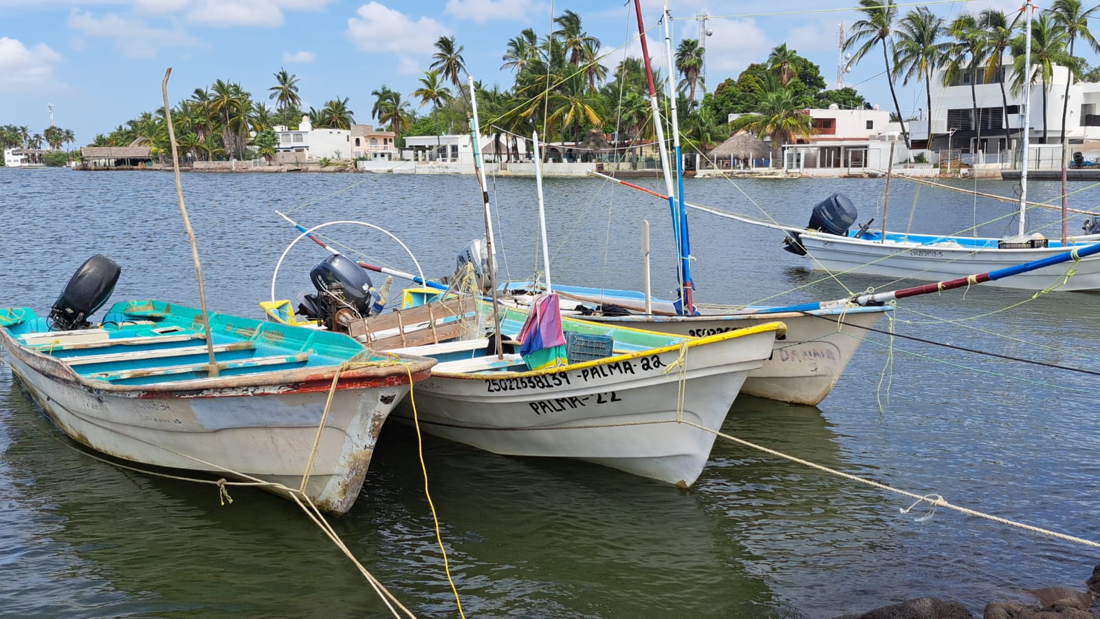 Tres lanchas en la bahía de Altata con un mecate en el muelle