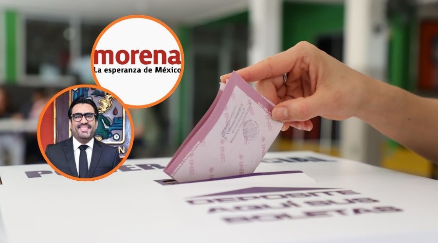 Urna de elecciones con un circulo con Juan De Dios Gámez Mendívil y el logo de Morena