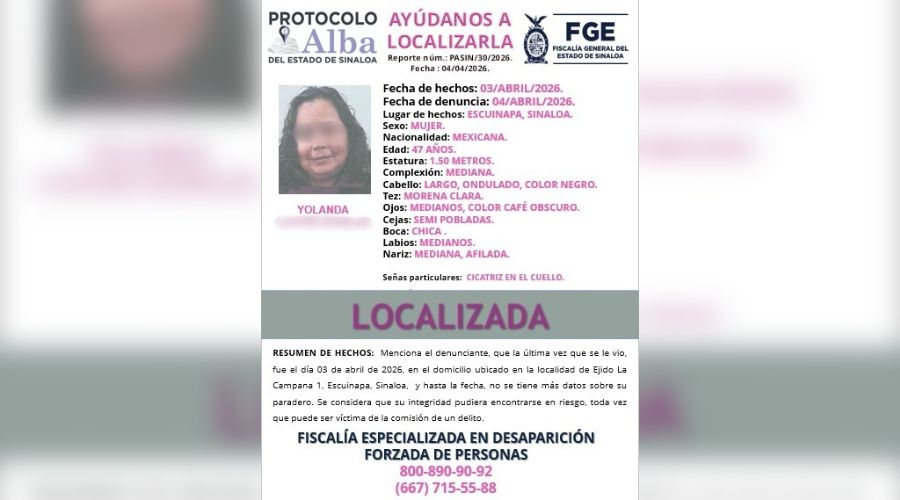 Ficha de búsqueda de una mujer que ya fue localizada