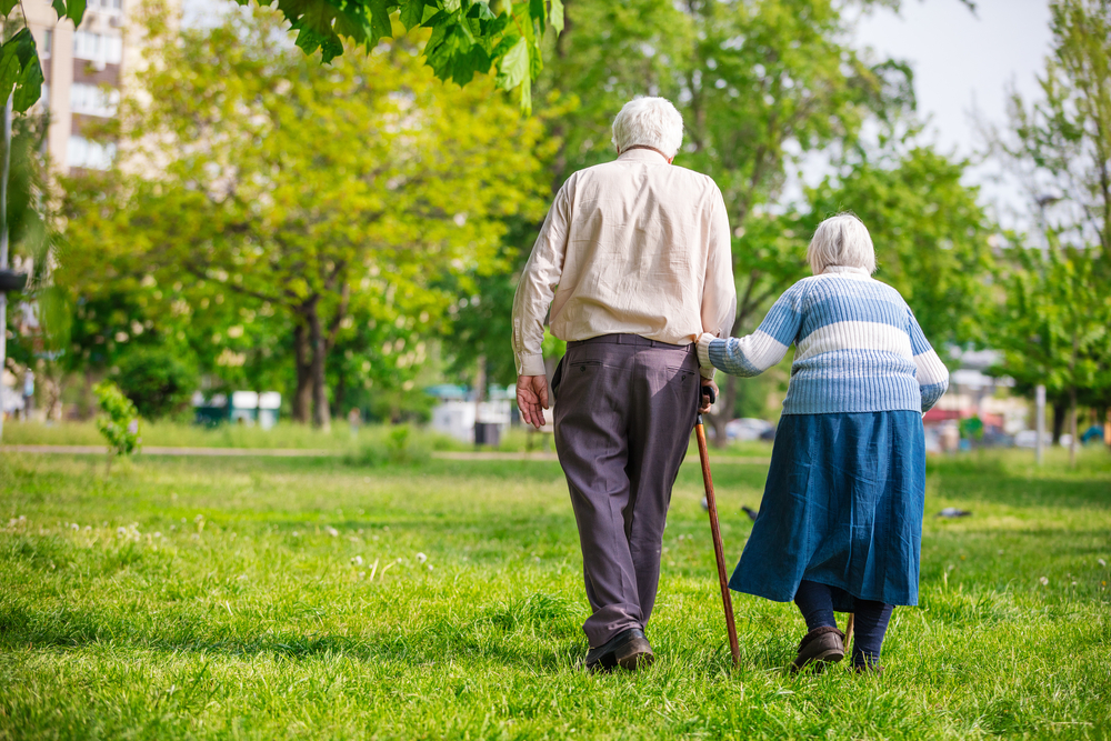 Adultos mayores caminando en un área verde.